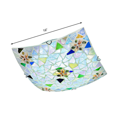 Tiffany Stained Glass Flush Mount Light - Blue/White Square Design 12/16 Width Perfect For Living