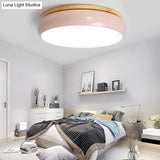 18/21.5 Dia Led Flush Mount Drum Lamp In Macaron Wood White/Pink/Green - White/Warm/Natural Light