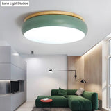 18/21.5 Dia Led Flush Mount Drum Lamp In Macaron Wood White/Pink/Green - White/Warm/Natural Light