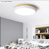 18/21.5 Dia Led Flush Mount Drum Lamp In Macaron Wood White/Pink/Green - White/Warm/Natural Light