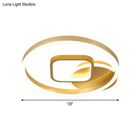 18’/22’ Wide Led Flush Mount Lamp - Minimal Metal Golden Circle And Square Ceiling Light In