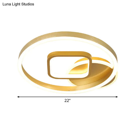 18’/22’ Wide Led Flush Mount Lamp - Minimal Metal Golden Circle And Square Ceiling Light In