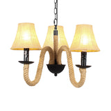 Vintage Style Hanging Chandelier With 3 Bell/Cone Lights Beige Fabric Shade & Rope Detail