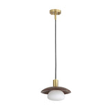 Modern White Glass Ball Suspension Lamp With Brown Wood Saucer Top