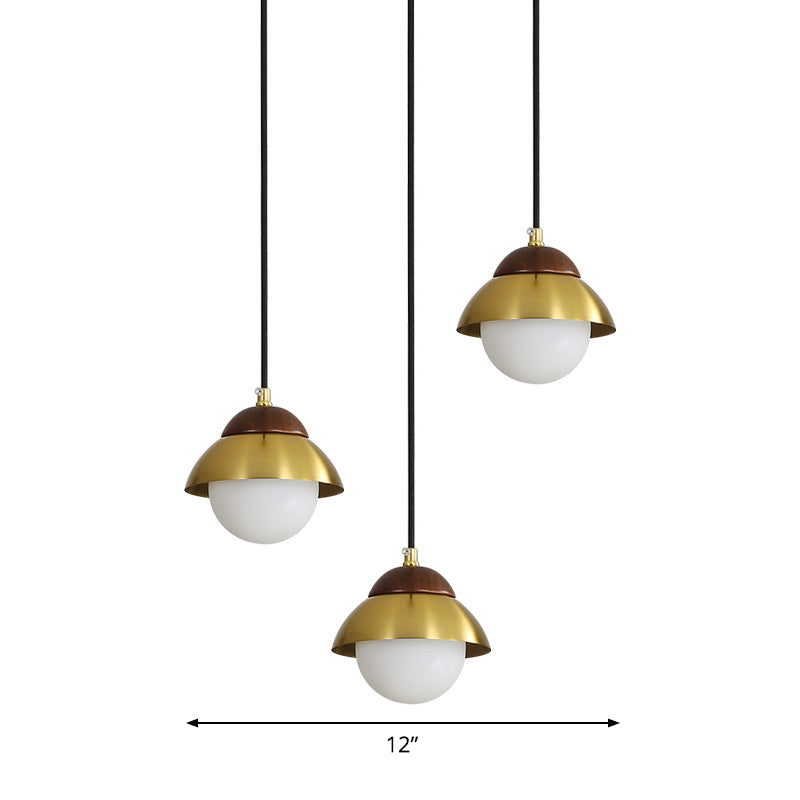 Sleek Brass Hanging Pendant Light Kit With Opal Glass Shades - Metal Dome & Multiple Lamp Design 3