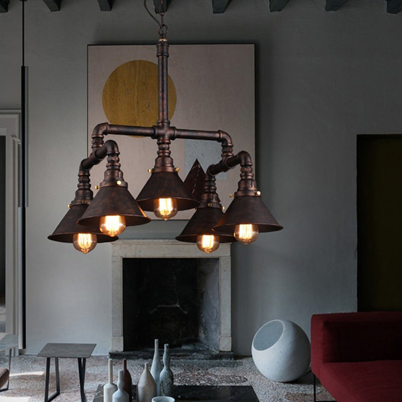 Vintage Conical Chandelier Lamp - Elegant 5-Light Metal Ceiling Fixture In Rust For Dining Room