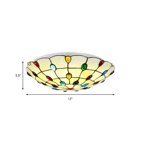 Rustic Loft Stained Glass Flush Mount Light In Beige/Yellow - 12/16/19.5 Diameter Bedroom Ceiling