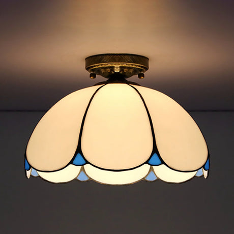 Scalloped Vintage Stained Glass Flush Mount Light - 1 In White/Beige/Blue Perfect For Living Room