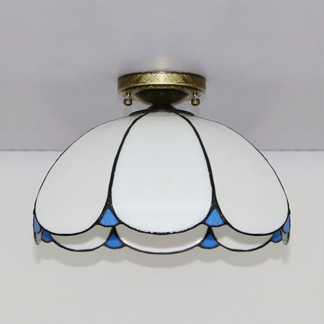 Scalloped Vintage Stained Glass Flush Mount Light - 1 In White/Beige/Blue Perfect For Living Room