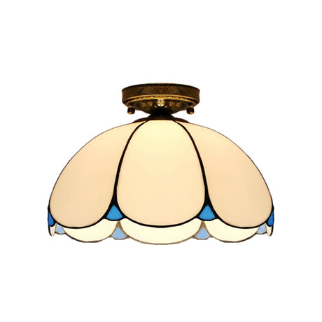 Scalloped Vintage Stained Glass Flush Mount Light - 1 In White/Beige/Blue Perfect For Living Room