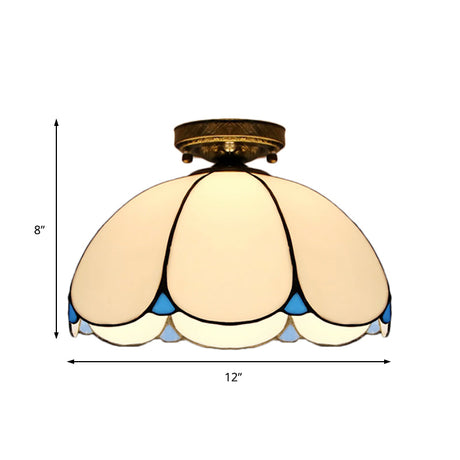Scalloped Vintage Stained Glass Flush Mount Light - 1 In White/Beige/Blue Perfect For Living Room