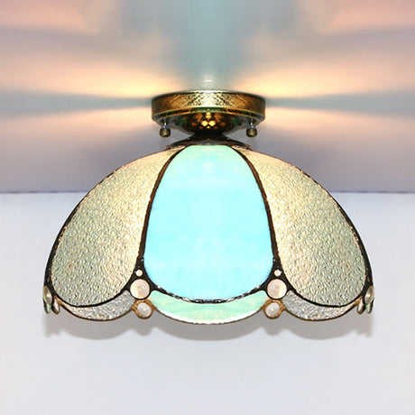 Scalloped Vintage Stained Glass Flush Mount Light - 1 In White/Beige/Blue Perfect For Living Room