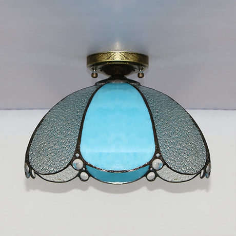 Scalloped Vintage Stained Glass Flush Mount Light - 1 In White/Beige/Blue Perfect For Living Room