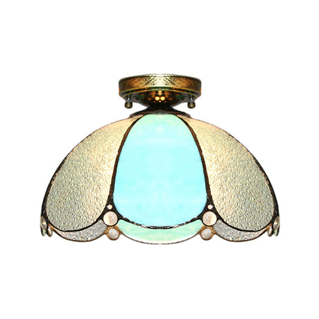 Scalloped Vintage Stained Glass Flush Mount Light - 1 In White/Beige/Blue Perfect For Living Room