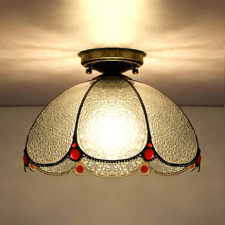 Scalloped Vintage Stained Glass Flush Mount Light - 1 In White/Beige/Blue Perfect For Living Room