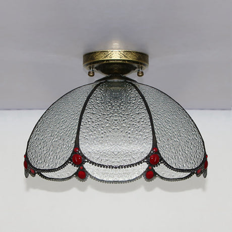 Scalloped Vintage Stained Glass Flush Mount Light - 1 In White/Beige/Blue Perfect For Living Room