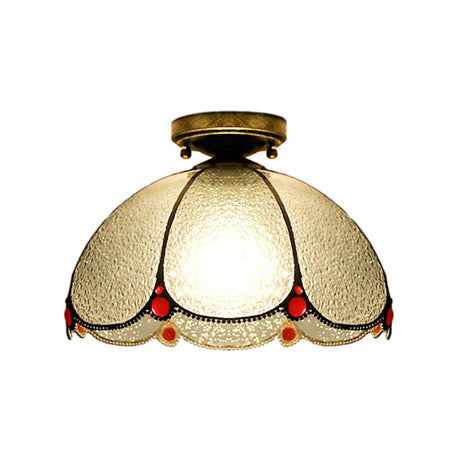 Scalloped Vintage Stained Glass Flush Mount Light - 1 In White/Beige/Blue Perfect For Living Room