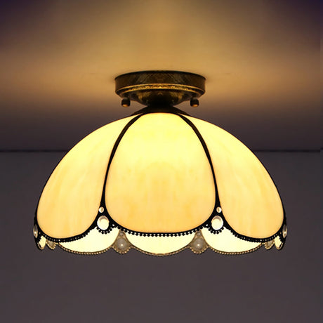 Scalloped Vintage Stained Glass Flush Mount Light - 1 In White/Beige/Blue Perfect For Living Room
