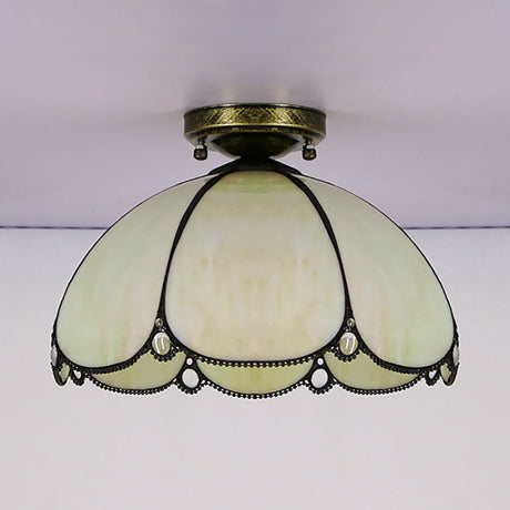 Scalloped Vintage Stained Glass Flush Mount Light - 1 In White/Beige/Blue Perfect For Living Room