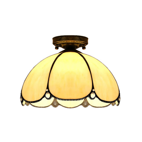 Scalloped Vintage Stained Glass Flush Mount Light - 1 In White/Beige/Blue Perfect For Living Room