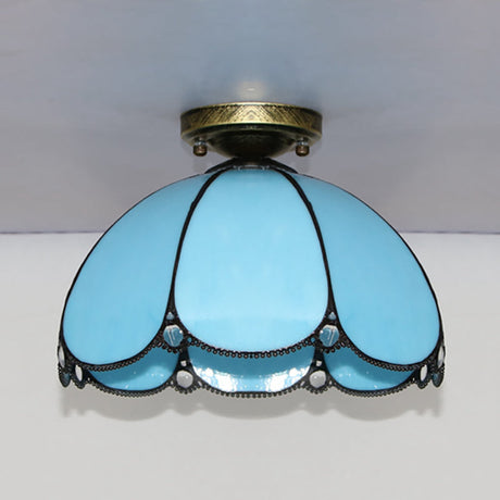 Scalloped Vintage Stained Glass Flush Mount Light - 1 In White/Beige/Blue Perfect For Living Room