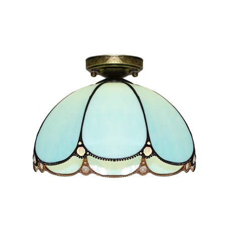 Scalloped Vintage Stained Glass Flush Mount Light - 1 In White/Beige/Blue Perfect For Living Room