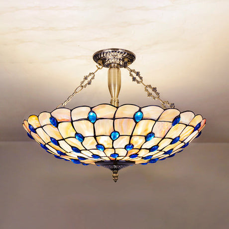 Stained Glass Semi Flush Ceiling Light With Jewel Decoration - Retro Style Yellow/Beige Various