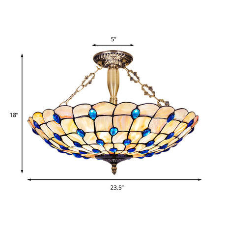 Stained Glass Semi Flush Ceiling Light With Jewel Decoration - Retro Style Yellow/Beige Various