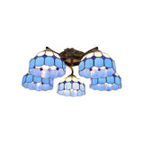 White/Clear Stained Glass Dome Semi Flushmount: 5-Light Mediterranean Flush Light For Bedroom
