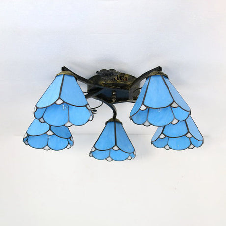 Lodge Style Clear/Blue/Beige Stained Glass Semi Flush Mount Light With Cone Shade - 5 Lights For