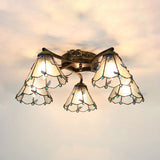 Lodge Style Clear/Blue/Beige Stained Glass Semi Flush Mount Light With Cone Shade - 5 Lights For