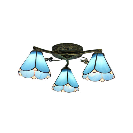 Blue Glass Cone Tiffany Style Semi Flush Ceiling Light With Flower Accents - Ideal For Living Room