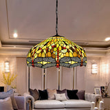 Tiffany-Style Dragonfly Domed Pendant Light - Yellow Stained Glass 2 Bulbs Suspended Lighting