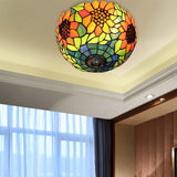 Orange Bowl Stained Glass Ceiling Light Fixture - Splendid Flushmount With Flower Pattern For Living