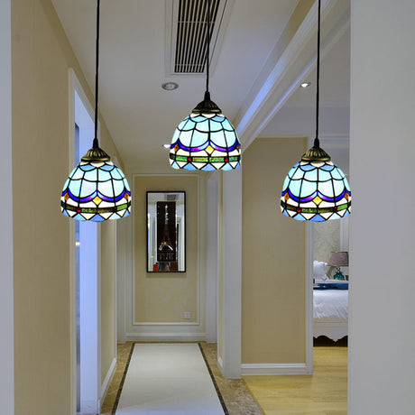 Vintage Stained Glass Bowl Ceiling Fixture - Blue Pendant With 3 Decorative Hanging Lights