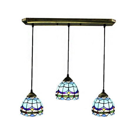 Vintage Stained Glass Bowl Ceiling Fixture - Blue Pendant With 3 Decorative Hanging Lights