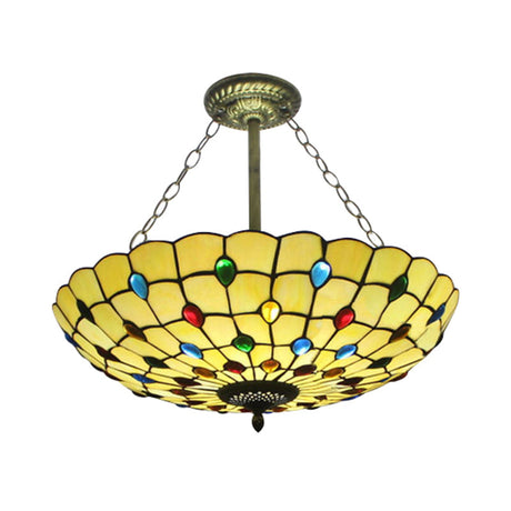 Stained Glass Semi Flush Ceiling Light Fixture With Retro Jewel Pattern - Beige/Clear/Yellow Tones