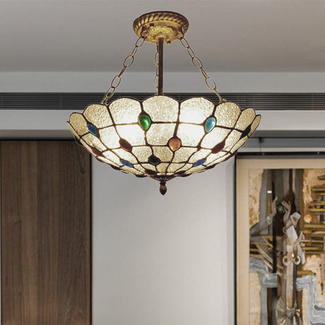Stained Glass Semi Flush Ceiling Light Fixture With Retro Jewel Pattern - Beige/Clear/Yellow Tones
