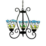 Rustic Stained Glass Flower Chandelier Light - Blue Flared Pendant Lighting For Living Room