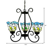 Rustic Stained Glass Flower Chandelier Light - Blue Flared Pendant Lighting For Living Room
