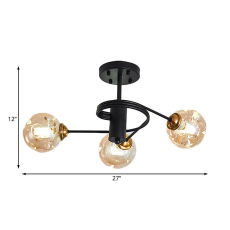 Modernist Black Semi Flush Ceiling Light With 3/5 Ball Amber/Smoke Blown Glass Shades