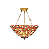 Vintage Tiffany Stained Glass Chandelier - Brass Finish Dining Table Pendant