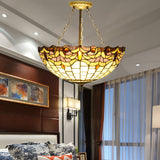 Vintage Tiffany Stained Glass Chandelier - Brass Finish Dining Table Pendant / Yellow Square