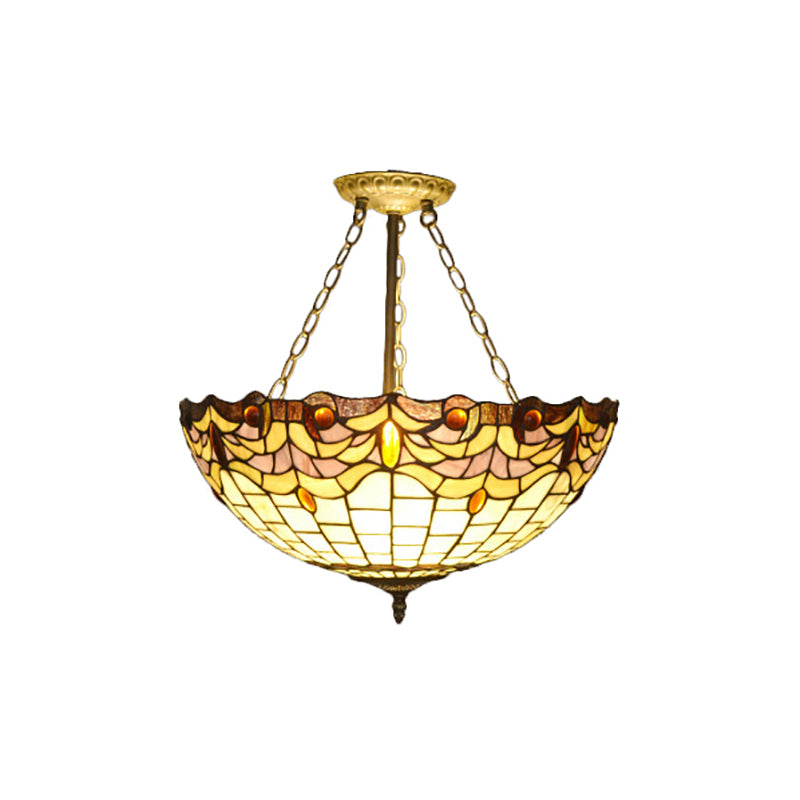 Vintage Tiffany Stained Glass Chandelier - Brass Finish Dining Table Pendant