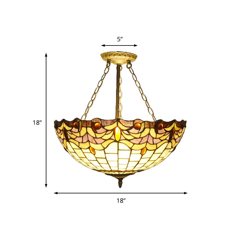 Vintage Tiffany Stained Glass Chandelier - Brass Finish Dining Table Pendant