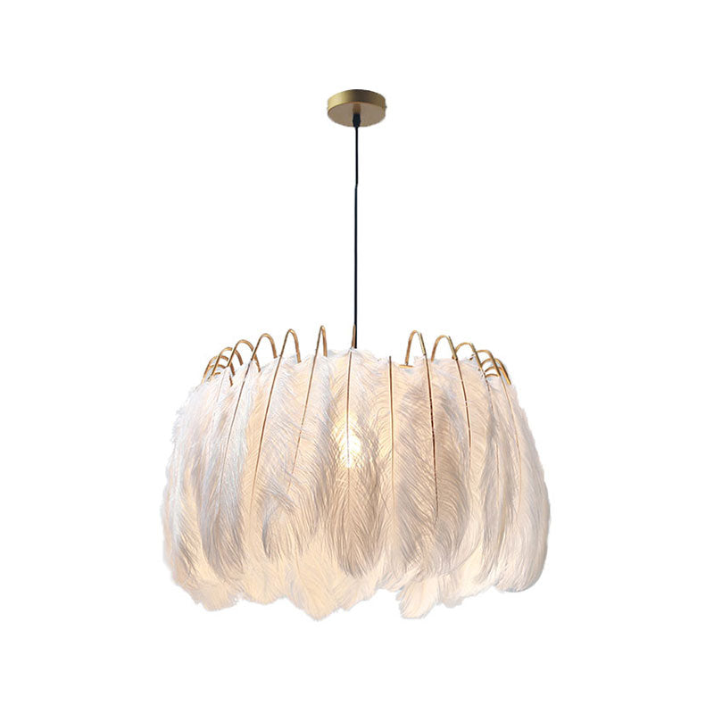 Romantic Feather & Metal Pendant Light For Adult Bedroom White 1-Light Drum Suspension