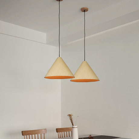 Rustic Red/Beige Cafe Suspension Lamp With Conic Wood Shade - 10/13 Wide