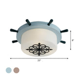 Kids Led Ceiling Light With White Glass Drum And Rudder Blue/Brown Canopy