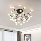 Modern Black Metal Glass Twig Semi Ceiling Mount Bedroom Lamp