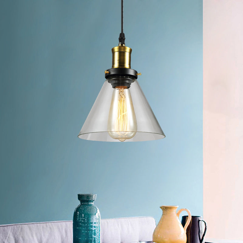 Vintage Brass Hanging Ceiling Light With Clear Glass Cone/Globe Pendant For Living Room / Cone